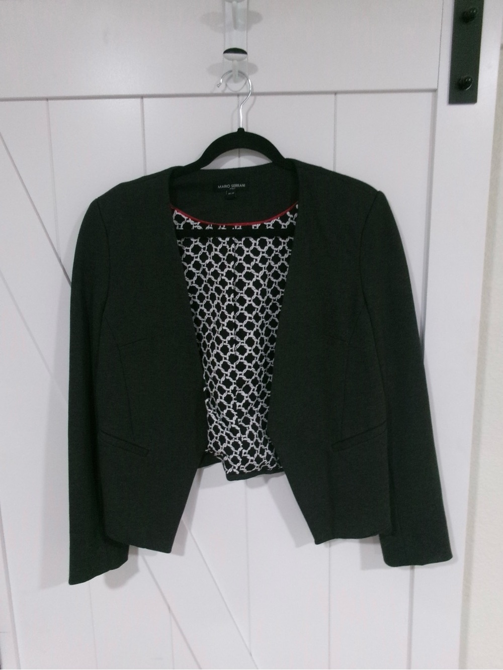 Mario Serrani Black Open-Front Cropped Blazer with Patterned Lining